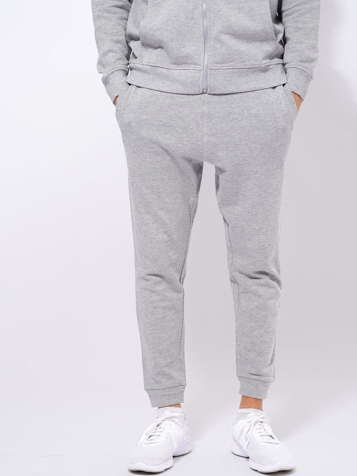 MEN GREY MELANGE SLIM FIT TERRY JOGGERS - inteblu