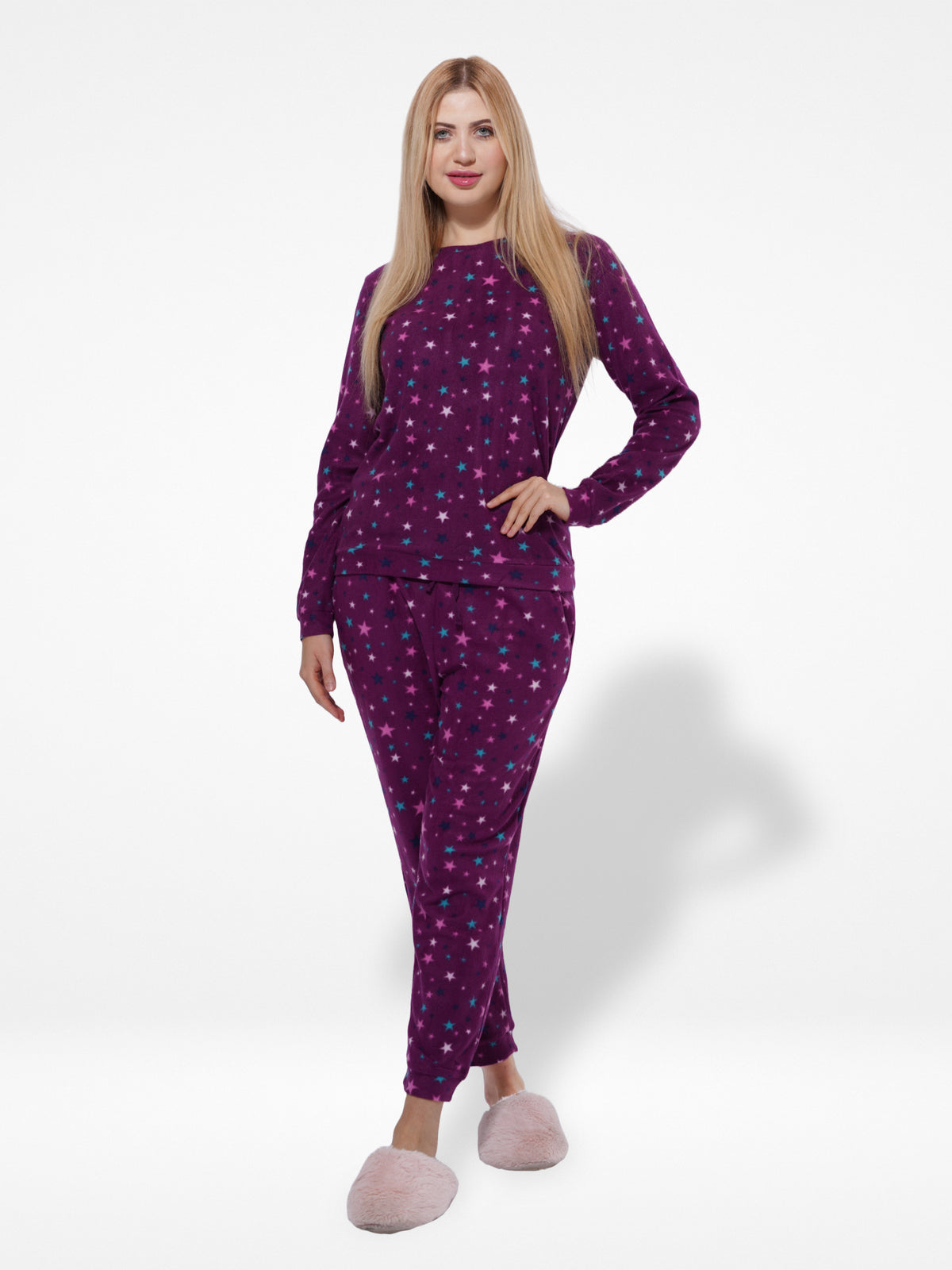 Micro Polar Fleece Star All Over Print Women Sleepwear Long Sleeve Pyjama Set-Inteblu™