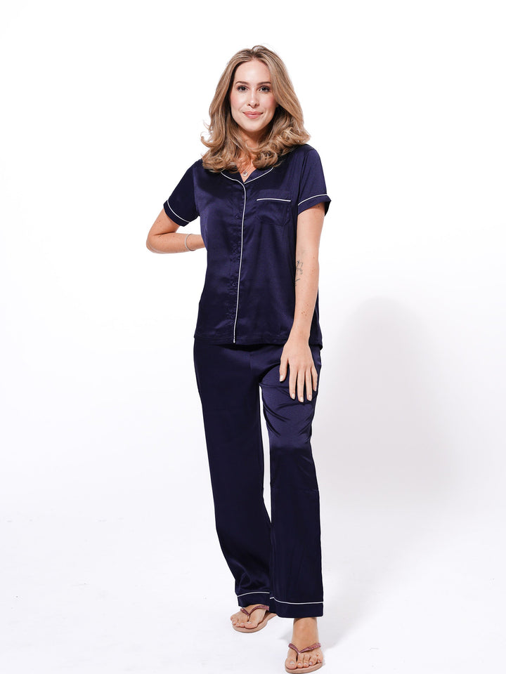 Jacquard Dobby Satin Women Sleepwear Notch collar sleepwear set in Satin fabric - inteblu