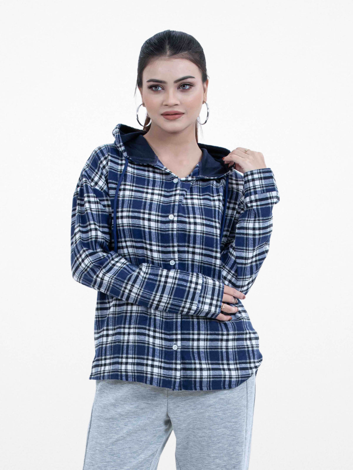 Women’s Plaid Cotton Flannel Hoodie – Long Sleeve Button-Up Shirt with Adjustable Drawstring Hood & Dual Pockets | Cozy Casual Wear for All Seasons