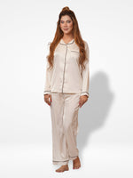 Satin Pajama Set for Women - Contrast Piping, Notch Collar, Button Down, Long Sleeve &amp; Long Pant -Inteblu™