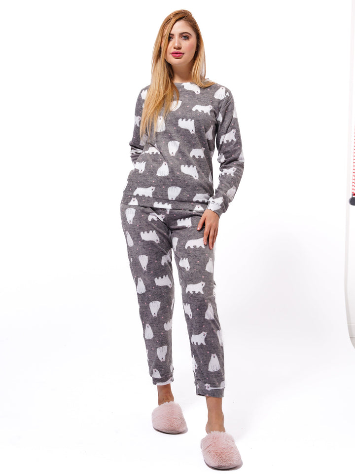 Micro Polar Fleece Grey Print Women Sleepwear Long Sleeve Pyjama Set - inteblu