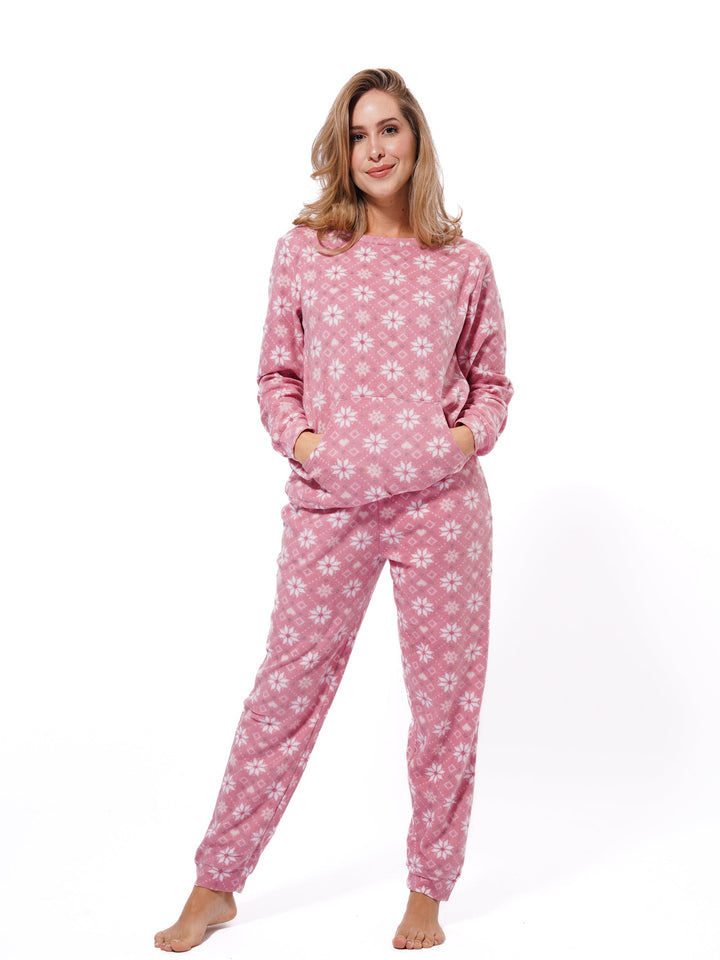 Micro Polar Fleece  Star Print Women Sleepwear Long Sleeve Pyjama Set - inteblu