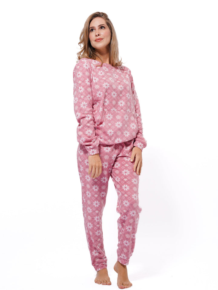 Micro Polar Fleece  Star Print Women Sleepwear Long Sleeve Pyjama Set - inteblu