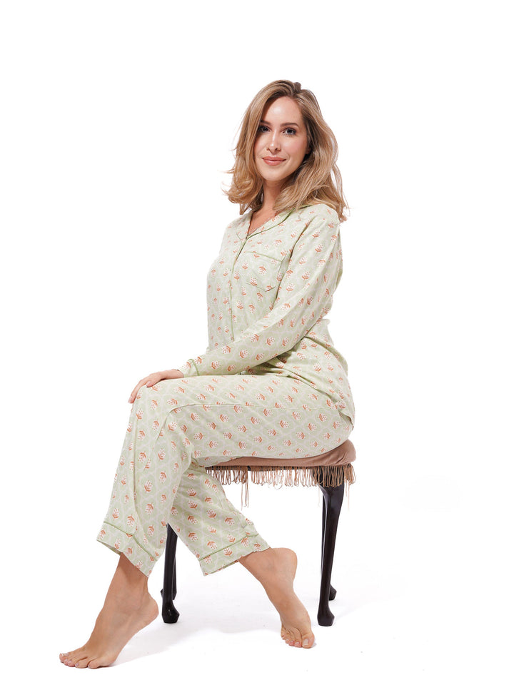 Women's Shiny Satin Light Green Leaf Printed Night Suit Set | Shirt and pajama, Nightwear Dress - inteblu