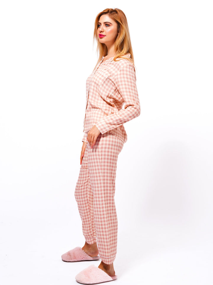 Women's Shiny Satin Warm White Check Printed Night Suit Set | Shirt and pajama, Nightwear Dress - inteblu