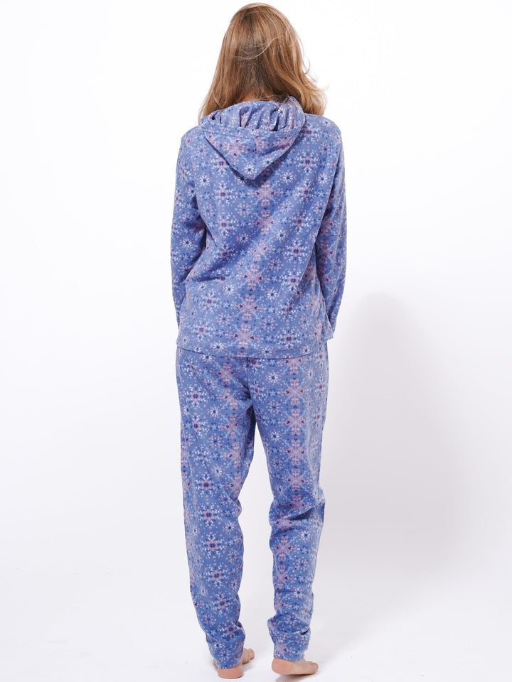 Micro Polar Fleece Blue Star Print Zipper Women's Sleepwear Long Sleeve Hoodie - inteblu