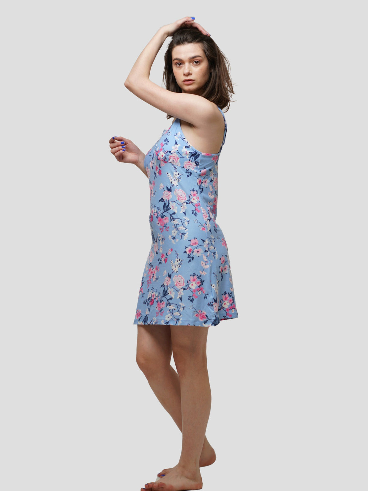 Women Floral Print Contrast Lace Sleep Dress - inteblu