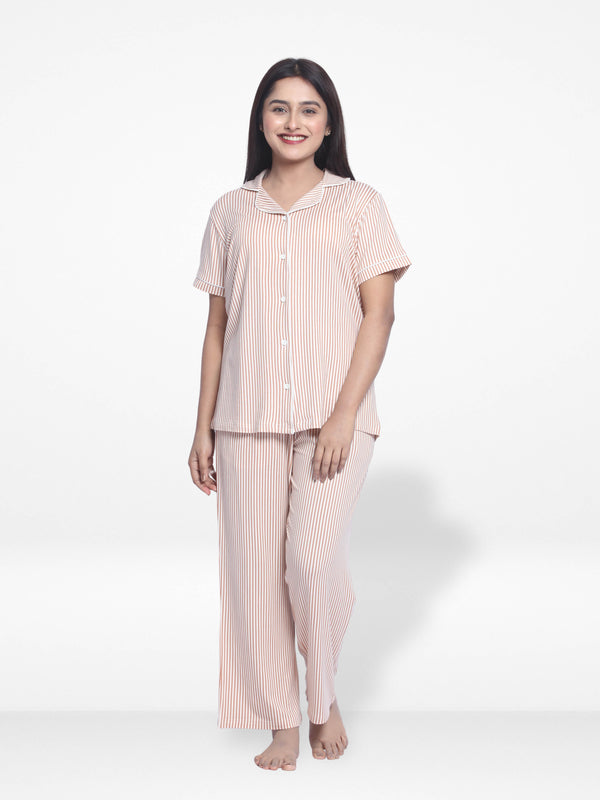 Women Coral Pink Check Sleepwear Short Sleeve Pyjama Set-Inteblu™
