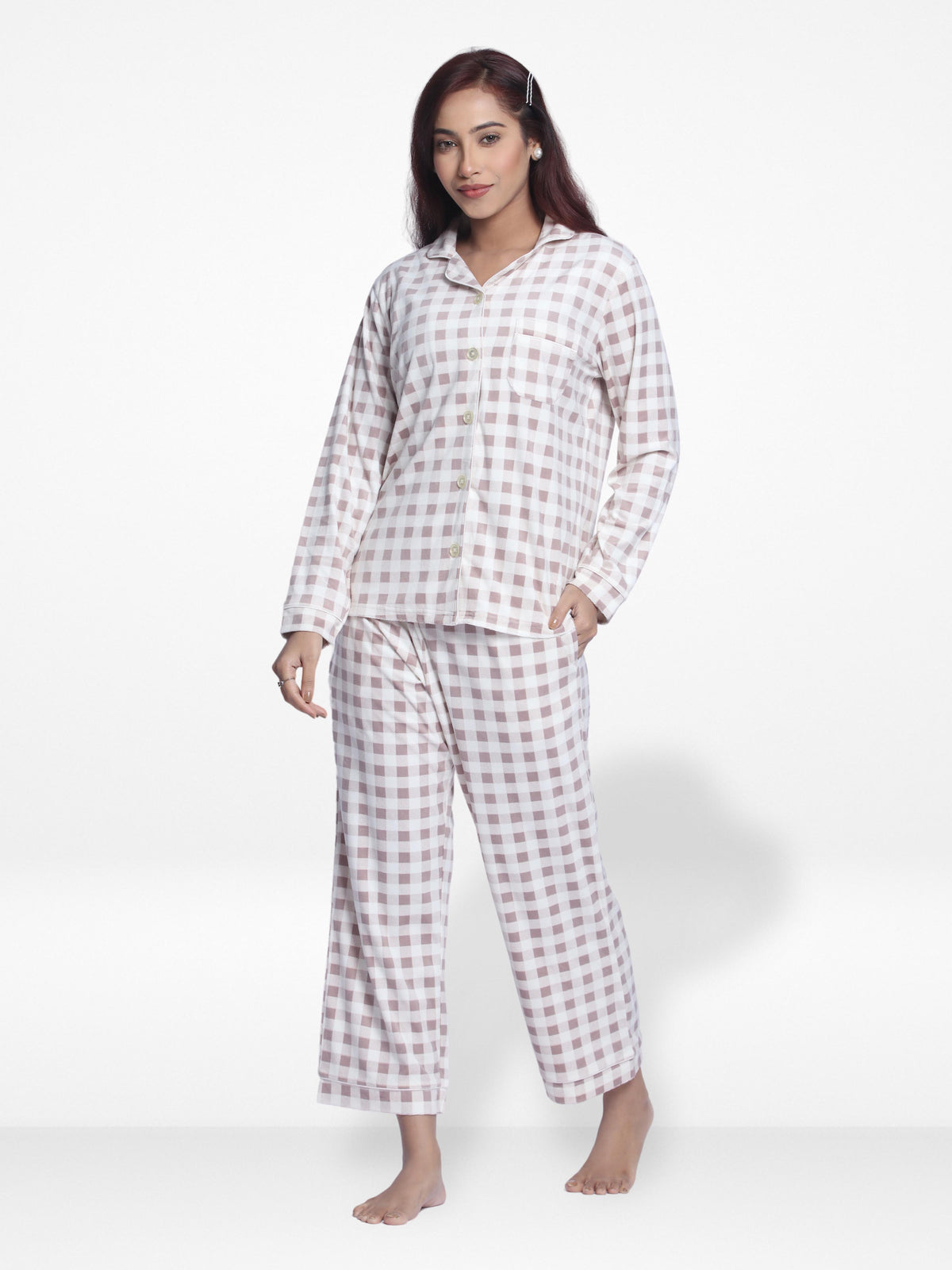 Women Velour Sleepwear Long Sleeve White Check Pyjama Set-Inteblu™