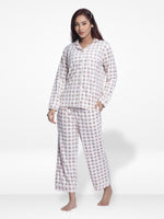 Women Velour Sleepwear Long Sleeve White Check Pyjama Set-Inteblu™