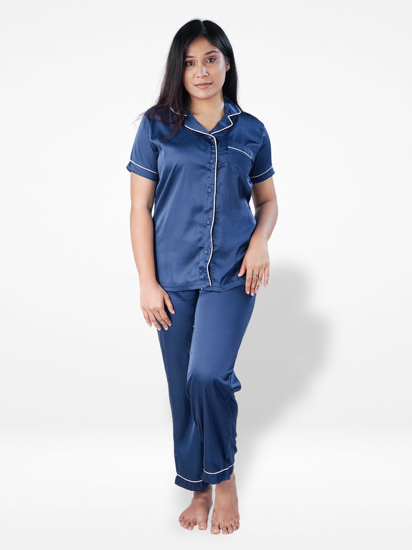 Women's Satin Notch collar Sleepwear set |Satin Fabric -Inteblu™