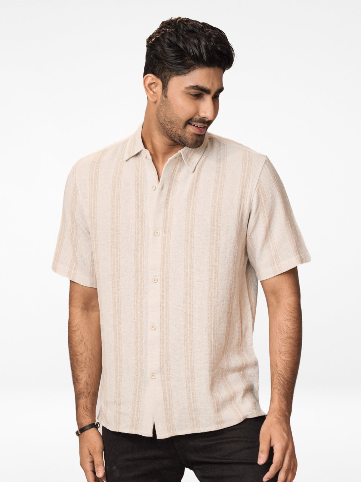 Men's Relaxed-Fit Half-Sleeve Casual Shirt Beige Stripes