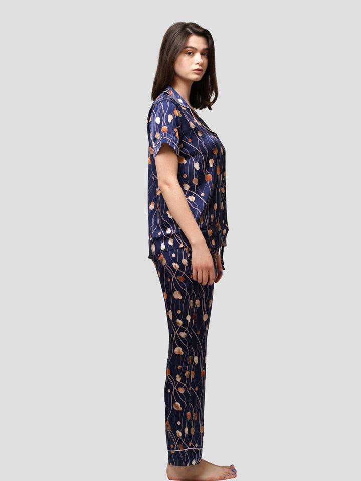 Navy abstract printed Notch collar sleepwear set in Satin fabric - inteblu