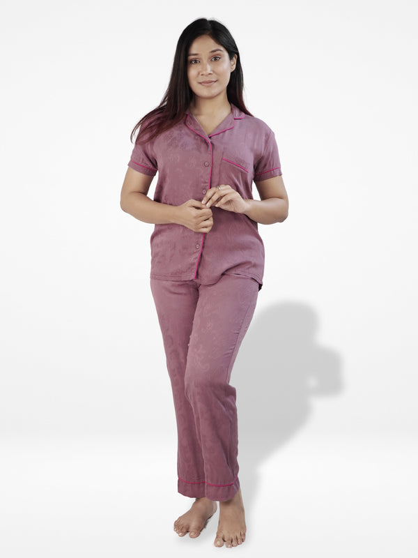 Women Dark Purple Jacquard Printed Pyjama Set | Nightwear Dress