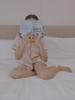 Satin Pajama Set for Women - Contrast Piping, Notch Collar, Button Down, Short Sleeve & Short Pant