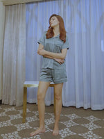 Satin Pajama Set for Women - Contrast Piping, Notch Collar, Button Down, Short Sleeve & Short Pant
