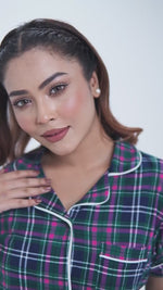 Women Green Plaid Printed Suit Shirt & Pyjama Set , Night wear Dress Women's Check Printed Night Suit Set Shirt & Pyjama | Soft Nightwear Dress, 2 Piece Sleepwear for Women, 
