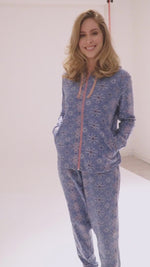 Micro Polar Fleece Blue Star Print Zipper Women Sleepwear Long Sleeve Hoodie