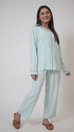 Women Mint Stripe Sleepwear Long Sleeve Pyjama Set