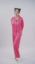 Satin Pajama Set for Women - Contrast Piping, Notch Collar, Button Down, Long Sleeve Long Pant
