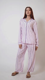 Women Pink Stripe Sleepwear Long Sleeve Pyjama Set