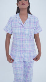 Women Pastel Plaid Printed Suit Shirt & Pyjama Set , Night wear Dress Women's Printed Night Suit Set Shirt & Pyjama | Soft Nightwear Dress, 2 Piece Sleepwear for Women, 