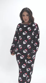 Women’s Black Santa Printed Pyjama Set – Long Sleeve Sleepwear | Cozy Winter Loungewear for Women