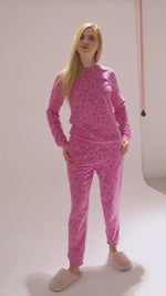 Micro Polar Fleece Pink Hearts Print Women Sleepwear Long Sleeve Pyjama Set