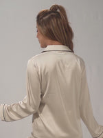 Satin Pajama Set for Women - Contrast Piping, Notch Collar, Button Down, Long Sleeve & Long Pant