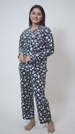 Women Velour Sleepwear Long Sleeve Dark Grey Aop Pyjama Set