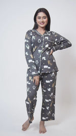 Women Sleepwear Long Sleeve Pyjama Set Dark Grey Aop