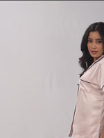Satin Pajama Set for Women - Contrast Piping, Notch Collar, Button Down, Short Sleeve, Long Pant