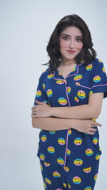 Women Blue Smiley Face Printed Pyjama Set,Night wear Dress Women's Aop Printed Night Suit Set Shirt &amp; Pyjama | Soft Nightwear Dress, 2 Piece Sleepwear for Women,