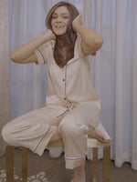 Satin Pajama Set for Women - Contrast Piping, Notch Collar, Button Down, Short Sleeve Long Pant