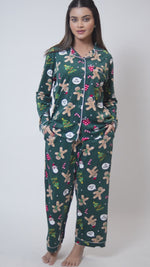 Women Velour Sleepwear Long Sleeve Dark Green AopPyjama Set