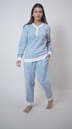 Women Micro Polar Fleece Sleepwear Long Sleeve Blue Star printed Pyjama Set