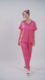 Satin Pajama Set for Women - Contrast Piping, Notch Collar, Button Down, Short Sleeve Long Pant