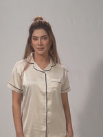 Satin Pajama Set for Women - Contrast Piping, Notch Collar, Button Down, Short Sleeve Long Pant