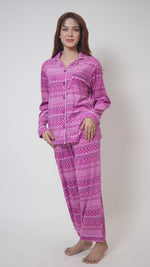 Women Velour Sleepwear Long Sleeve Pink Aop Pyjama Set