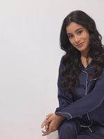 Satin Pajama Set for Women - Contrast Piping, Notch Collar, Button Down, Long Sleeve Long Pant
