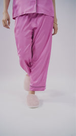 Satin Pajama Set for Women - Contrast Piping, Notch Collar, Button Down, Short Sleeve Long Pant