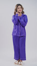 Satin Pajama Set for Women - Contrast Piping, Notch Collar, Button Down, Long Sleeve Long Pant