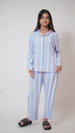 Women Blue Stripe Sleepwear Long Sleeve Pyjama Set