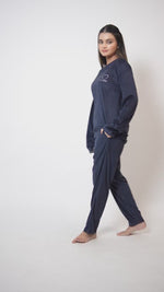 Women Velour Sleepwear Long Sleeve Pyjama Set Navy