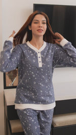 Women Micro Polar Fleece Sleepwear Long Sleeve Blue Moon Star printed Pyjama Set