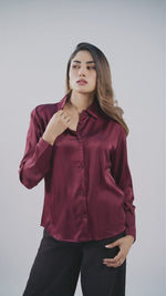 Women’s Long Sleeve Satin Shirt – Spread Collar Button-Down Top | Soft Shiny Formal & Casual Wear