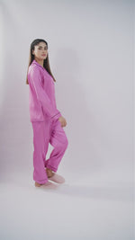 Satin Pajama Set for Women - Contrast Piping, Notch Collar, Button Down, Long Sleeve Long Pant