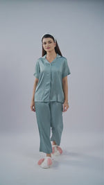 Satin Pajama Set for Women - Button Down, Short Sleeve Long Pant