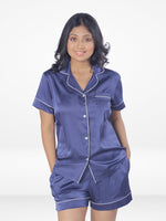 3pcs Women Satin Pajama Set. Contrast Piping, Notch Collar & Button Down.